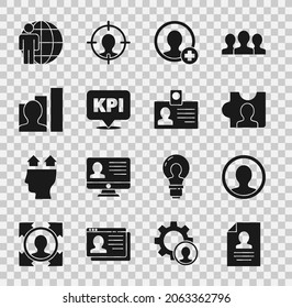 Establezca Reanudar, Crear pantalla de cuenta, Cazar cabezales, Indicador de rendimiento clave, Humano productivo e icono de identificación. Vector