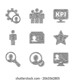 Set Resume, Create account screen, Monitor with resume, Head hunting, Magnifying glass for search, User of man, Key performance indicator and  icon. Vector