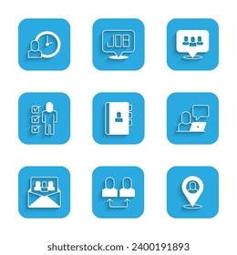 Set Resume, Exchange work, Worker location, Freelancer, Project team base,  and time icon. Vector