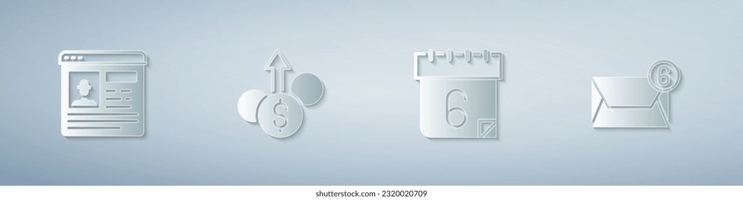Set Resume, Financial growth dollar, Calendar and Mail and e-mail. Paper art style. Vector