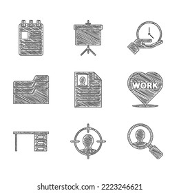 Set Resume, Head hunting concept, Magnifying glass for search people, Heart with text work, Office desk, Document folder, Clock and Spiral notebook icon. Vector