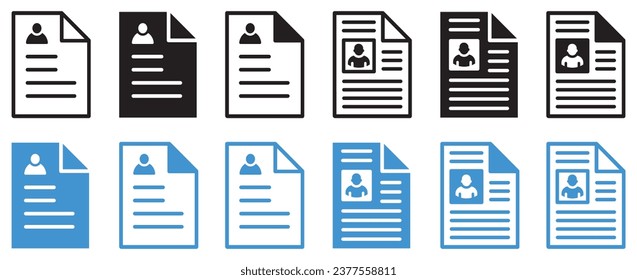 Set of resume icons. Employment paper. Interview candidate icon, document, job resume, personal recruitment information. CV or job application, career biography. Vector.