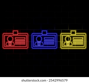 Establezca la línea de reanudación, identificación, grupo de usuarios y mano para las personas de búsqueda. Icono de neón brillante. Vector.