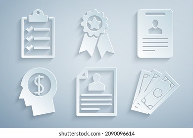 Set Resume, identificación, mente de planificación del hombre de negocios, pila dinero en papel, Medalla con estrella e icono de lista de verificación del Portapapeles. Vector