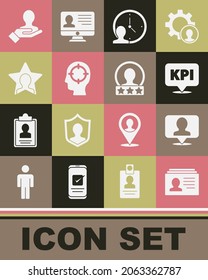 Set Resume, Location with person, Key performance indicator, Time Management, Head hunting, Hand search people and Create account screen icon. Vector