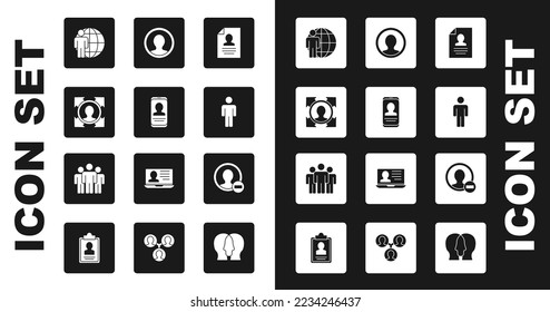 Establece Reanudar, Móvil con currículum, Caza de cabezales, Usuario del hombre, Pantalla Crear cuenta e icono de grupo Usuarios. Vector