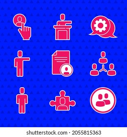 Establecer Resume, base de equipo del proyecto, caza de cabezas, chat de burbujas de voz e icono. Vector