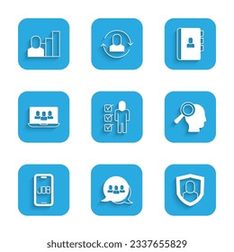 Establezca Resume, base del equipo de Project, Protección del usuario, Vidrio de ampliación para el trabajo de búsqueda, Búsqueda e icono humano productivo. Vector