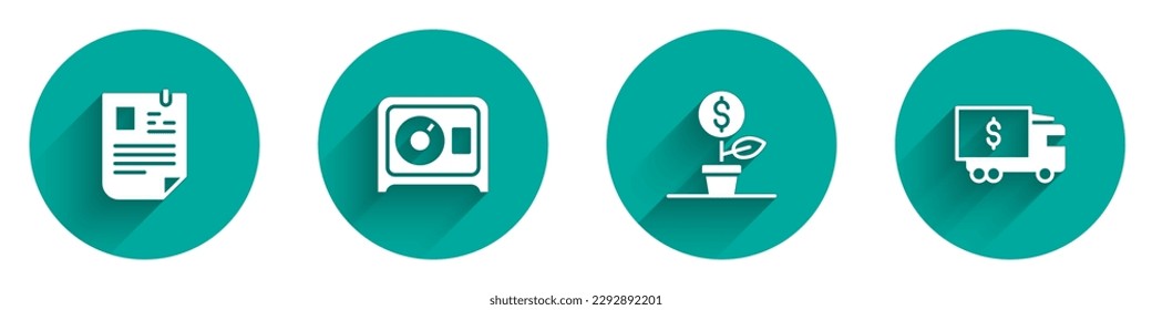 Set Resume, Safe, Dollar plant and Armored truck icon with long shadow. Vector
