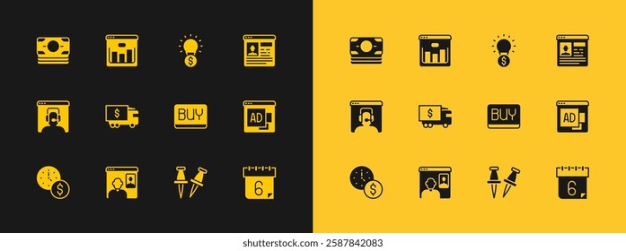 Set Resume, Video chat conference, Buy button, Push pin, Armored truck, Light bulb with dollar, Stacks paper money cash and Browser stocks market icon. Vector