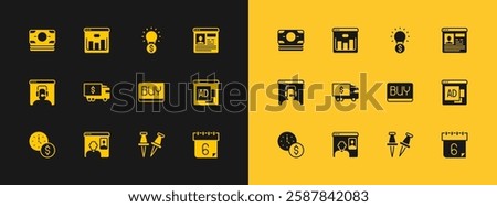 Set Resume, Video chat conference, Buy button, Push pin, Armored truck, Light bulb with dollar, Stacks paper money cash and Browser stocks market icon. Vector