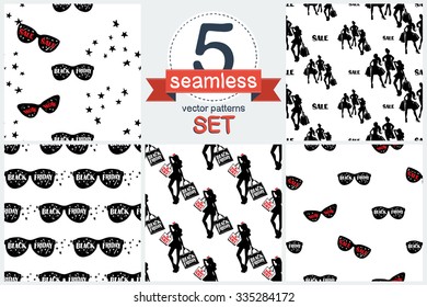 Set of retail fashion sketches items. Fashion promo ladies with shopping bags, black Friday sale stuff. Hand drawn graphic promo stars, black glasses, sunglasses patterns. Set of 5 vector seamless 