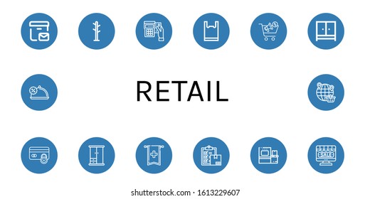Set of retail icons. Such as Postal delivery, Coat rack, Payment, Plastic bag, Buying, Wardrobe, Secure payment, Banner, Delivery, Scanner, Online shop, Discount , retail icons