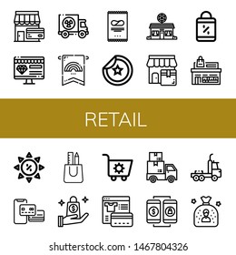 Set of retail icons such as Shop, Online shop, Truck, Banner, Crisps, Sticker, Pizza shop, Shopping bag, Store, Summer sale, Payment method, Bag, Shopping cart, Payment , retail