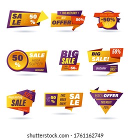 Set of retail sale badge. Stickers online shopping origami style for social media ads and banners, website badges, marketing, labels and stickers for products promotion template. Vector illustration.