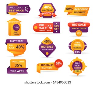 Set of retail sale tags. Stickers best offer price and big sale pricing tag badge design. Limited sales offer label or store discount banner card isolated. Shopping coupon. Vector illustration.