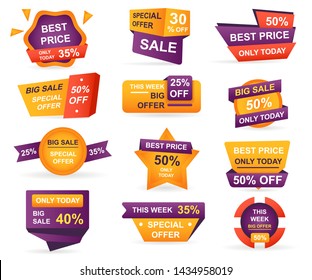 Set of retail sale tags. Stickers best offer price and big sale pricing tag badge design. Limited sales offer label or store discount banner card isolated. Shopping coupon. Vector illustration.