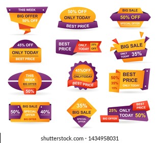 Set of retail sale tags. Stickers best offer price and big sale pricing tag badge design. Limited sales offer label or store discount banner card isolated. Shopping coupon. Vector illustration.