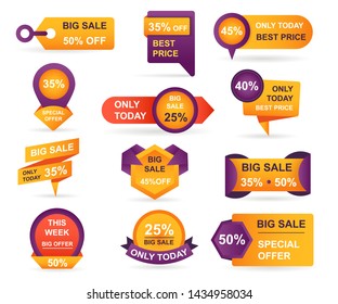 Set of retail sale tags. Stickers best offer price and big sale pricing tag badge design. Limited sales offer label or store discount banner card isolated. Shopping coupon. Vector illustration.