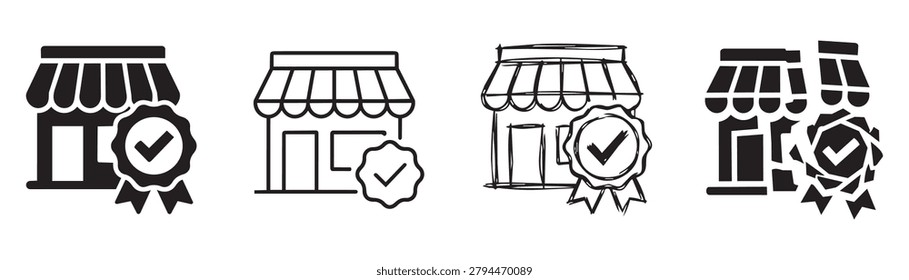 Set of retail store building vector icons representing verified business status. Features solid outlines hand drawn sketches and fragmented geometric variations.