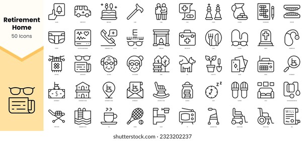 Set of retirement home Icons. Simple line art style icons pack. Vector illustration