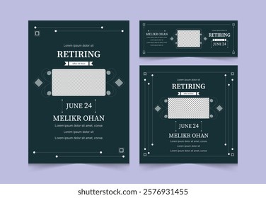 Set of Retirement Party Invitation Design Template. Happy retirement flyer, square banner, cover and a4 poster vector design.