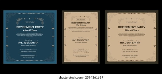 Set of retirement party invitation, square banner, Instagram story and a4 poster, vector illustration eps 10 Happy retirement flyer, square banner, Facebook cover and a4 poster vector design.