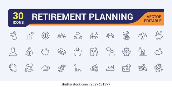 Conjunto de ícones de planejamento de baixa. Idoso e ícone de pensão. Ilustração de vetor. Ícone de linha editável Coleção para Web e aplicativos.