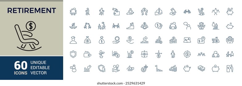 Conjunto de iconos de planificación de la jubilación. Ancianos e icono de pensiones. Ilustración vectorial. Colección de iconos de línea editable para Web y App.