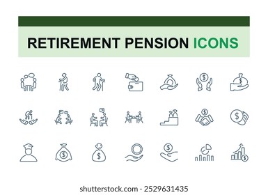 Conjunto de iconos de planificación de la jubilación. Ancianos e icono de pensiones. Ilustración vectorial. Colección de iconos de línea editable para Web y App.