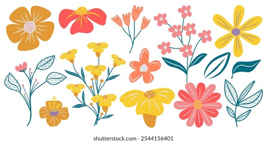 Set of retno flowers and branch leaves clip art isolated on white background for funny template design decoration or cute sticker in old fashioned style.