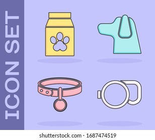 Set Retractable cord leash, Bag of food for pet, Collar with name tag and Dog icon. Vector