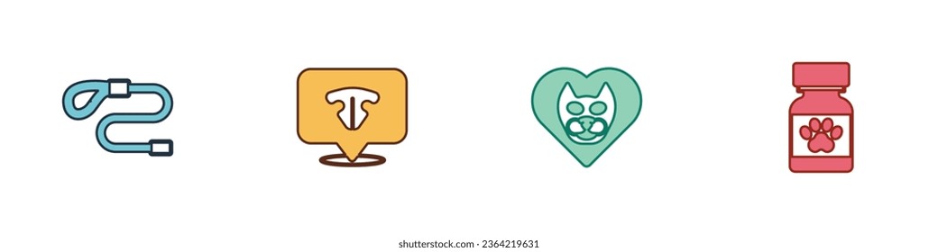 Set Retractable cord leash, Cat nose, Heart with cat and Medicine bottle and pills icon. Vector