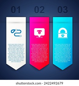 Set Retractable cord leash, Cat nose and Canned food. Business infographic template. Vector