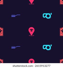 Set Retractable cord leash, Hair brush for dog and cat, Cat nose and Clinical record pet on seamless pattern. Vector