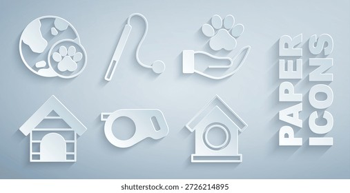 Correa retráctil del cordón, manos con huella de animales, casa del perro, juguete del gato del animal doméstico y icono del animal doméstico del mundo. Vector