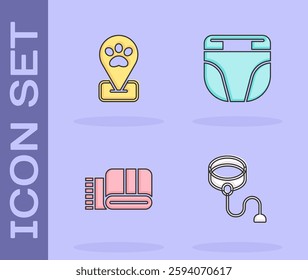 Set Retractable cord leash, Location pet grooming, Towel stack and Diaper for dog icon. Vector