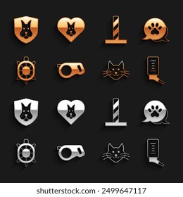 Set Retractable cord leash, Paw print, Drinker for small pets, Cat, Turtle, scratching post with toy, Animal health insurance and Heart dog icon. Vector