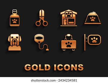 Set Retractable cord leash, Pet food bowl, grooming, first aid kit, Dog, medicine bottle and Scissors hairdresser icon. Vector