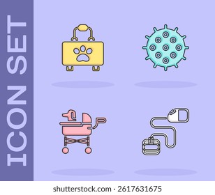Set Retractable cord leash, Pet first aid kit, stroller and Tennis ball icon. Vector