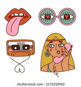 Set of Retro 1970s groovy elements. Hippy collection. Vector illustration