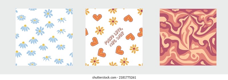 Set of retro 1970s seamless pattern. Floral, swirl, mushrooms, peace symbol, camomile, smile. Groovy design in the style of the seventies.