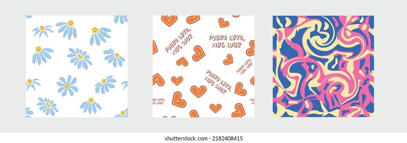 Set of retro 1970s seamless pattern. Floral, swirl, mushrooms, peace symbol, camomile, smile. Groovy design in the style of the seventies.