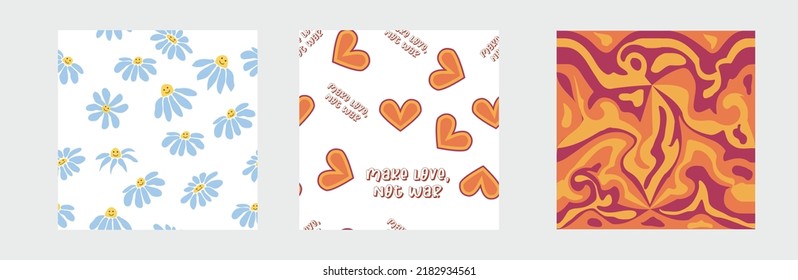 Set of retro 1970s seamless pattern. Floral, swirl, mushrooms, peace symbol, camomile, smile. Groovy design in the style of the seventies.