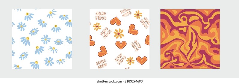 Set of retro 1970s seamless pattern. Floral, swirl, mushrooms, peace symbol, camomile, smile. Groovy design in the style of the seventies.