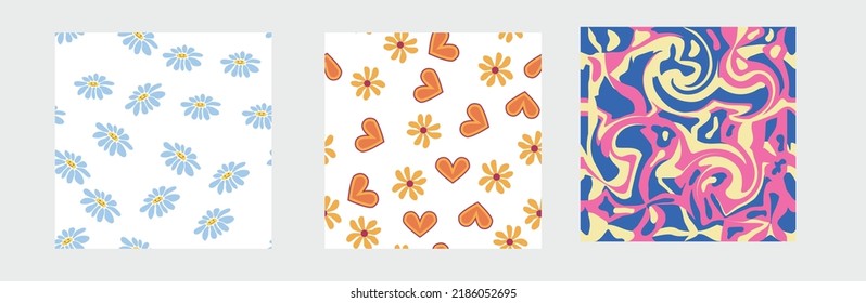 Set von Retro-1970er-Jahren nahtloses Muster. Blume, wirl, Pilze, Friedenssymbol, Kamille, Lächeln. Groovy Design im Stil der 70er Jahre.