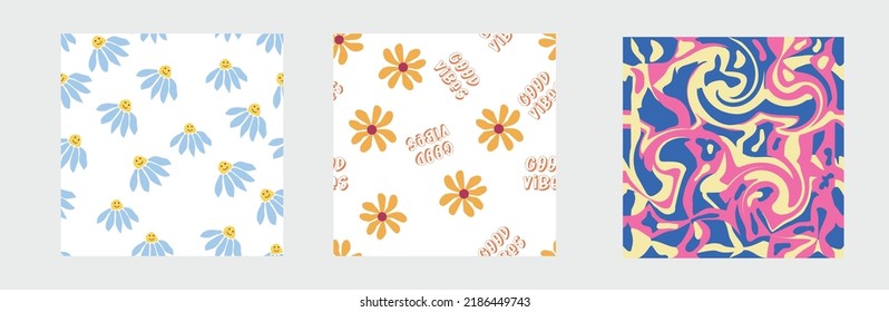 Set von Retro-1970er-Jahren nahtloses Muster. Blume, wirl, Pilze, Friedenssymbol, Kamille, Lächeln. Groovy Design im Stil der 70er Jahre.