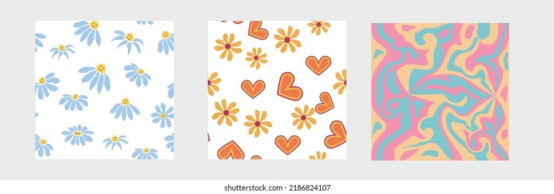 Set of retro 1970s seamless pattern. Floral, swirl, mushrooms, peace symbol, camomile, smile. Groovy design in the style of the seventies.