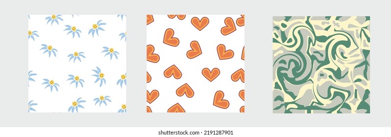 Set of retro 1970s seamless pattern. Floral, swirl, mushrooms, peace symbol, camomile, smile. Groovy design in the style of the seventies.