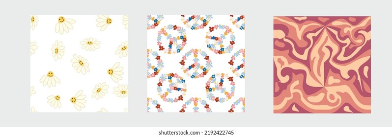 Set of retro 1970s seamless pattern. Floral, swirl, mushrooms, peace symbol, camomile, smile. Groovy design in the style of the seventies.